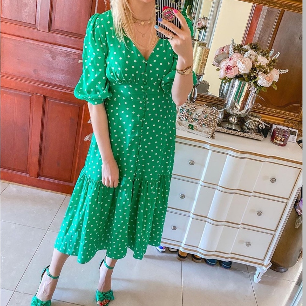 NWT Zara Green & White Polka Dot Satin Midi Dress - Picture 5 of 10